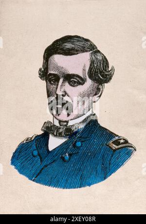 Porträt von General Meagher. Thomas Francis Meagher (1823–1867) war ein irischer Nationalist und Anführer der Young Irelanders in der Rebellion von 1848. Nachdem er wegen Aufruhrs verurteilt worden war, wurde er zunächst zum Tode verurteilt, erhielt aber lebenslang einen Transport nach Van Diemen’s Land (heute Tasmanien) in Australien. 1852 floh Meagher und machte sich auf den Weg in die Vereinigten Staaten, wo er sich in New York City niederließ. Er studierte Jura und arbeitete als Journalist. Zu Beginn des Amerikanischen Bürgerkriegs trat Meagher der US-Armee bei und stieg zum Brigadegeneral auf. Er war besonders bekannt für die Rekrutierung und Stockfoto