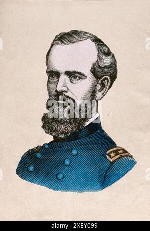 Porträt von General McPherson. James Birdseye McPherson (1828–1864) war ein Offizier der US-Armee, der während des Amerikanischen Bürgerkriegs als General in der Union Army diente. McPherson gehörte dem Generalstab von Henry Halleck und später von Ulysses S. Grant an und war mit Grant in der Schlacht von Shiloh. Er wurde in der Schlacht von Atlanta getötet, als er der Armee seines alten Klassenkameraden John Bell Hood gegenüberstand, der seiner Figur eine herzliche Hommage zollte. Er war der zweithöchste Gewerkschaftsoffizier, der während des Krieges getötet wurde. Stockfoto