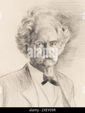 Das Bleistiftporträt von Mark Twayn Samuel Langhorne Clemens (1835–1910), bekannt unter seinem Pseudonym Mark Twain, war ein US-amerikanischer Schriftsteller, Humorist, Unternehmer, Verleger und Dozent. Er wurde als „größter Humorist [die Vereinigten Staaten] hervorgebracht haben“ gepriesen, und William Faulkner nannte ihn „den Vater der amerikanischen Literatur“. Zu seinen Romanen gehören The Adventures of Tom Sawyer (1876) und die Fortsetzung The Adventures of Huckleberry Finn (1884), die oft als The Great American Novel bezeichnet wird. Stockfoto