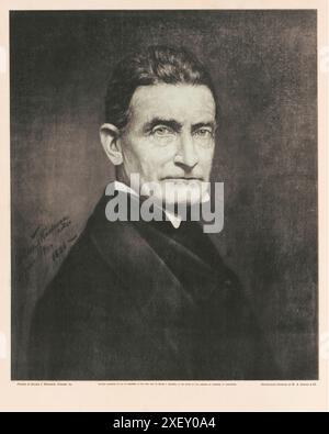 Porträt von John Brown (Abolitionist). Chicago. USA. 1884 John Brown (1800–1859) war ein US-amerikanischer Abolitionist, einer der ersten weißen Abolitionisten, der bewaffneten Kampf als einziges Mittel zur Überwindung der Existenz von Sklaverei-Institutionen in den Vereinigten Staaten befürwortete und praktizierte. Er wurde zum ersten Mal als Anführer einer bewaffneten Gruppe von Anti-Sklaverei-Kolonisten während des Bürgerkriegs in Kansas bekannt. Am bekanntesten wurde er nach einem erfolglosen bewaffneten Angriff auf die Harper-Fähre Arsenal, der mit Arsenal endete, um Sklaven zu bewaffnen, der in Festnahme und Hinrichtung endete. Stockfoto