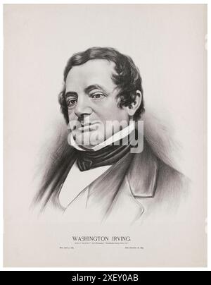 Porträt von Washington Irving. Washington Irving (1783–1859) war ein US-amerikanischer Kurzgeschichten-Autor, Essayist, Biograf, Historiker und Diplomat des frühen 19. Jahrhunderts. Er ist bekannt für seine Kurzgeschichten Rip Van Winkle (1819) und The Legend of Sleepy Hollow (1820), die beide in seiner Sammlung The Sketch Book of Geoffrey Crayon, Gent erscheinen. Seine historischen Werke umfassen Biografien von Oliver Goldsmith, Muhammad und George Washington sowie mehrere Geschichten aus Spanien des 15. Jahrhunderts, die sich mit Themen wie Alhambra, Christoph Kolumbus und den Mauren befassen. Irving diente als am Stockfoto