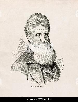 Porträt von John Brown (Abolitionist). John Brown (1800–1859) war ein US-amerikanischer Abolitionist, einer der ersten weißen Abolitionisten, der bewaffneten Kampf als einziges Mittel zur Überwindung der Existenz von Sklaverei-Institutionen in den Vereinigten Staaten befürwortete und praktizierte. Er wurde zum ersten Mal als Anführer einer bewaffneten Gruppe von Anti-Sklaverei-Kolonisten während des Bürgerkriegs in Kansas bekannt. Am bekanntesten wurde er nach einem erfolglosen bewaffneten Angriff auf die Harper-Fähre Arsenal, der mit Arsenal endete, um Sklaven zu bewaffnen, der in Festnahme und Hinrichtung endete. Stockfoto