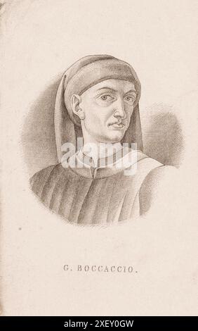 Das Porträt von Giovanni Boccaccio aus dem 17. Jahrhundert. Giovanni Boccaccio (1313–1375) war ein italienischer Schriftsteller, Dichter, Korrespondent Petrarks und ein bedeutender Humanist der Renaissance. Stockfoto