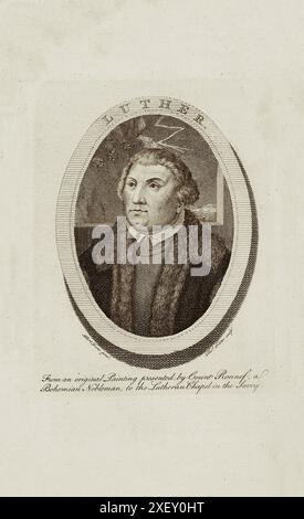 Zeichnung von Albrecht Dürer: Luther. 17.-18. Jahrhundert aus einem Originalgemälde. Martin Luther (1483–1546) war ein deutscher Theologieprofessor, Priester, Autor, Komponist, ehemaliger Augustiner-Mönch und ist vor allem als bahnbrechende Figur in der Reformation und Namensgeber des Lutheranismus bekannt. Stockfoto