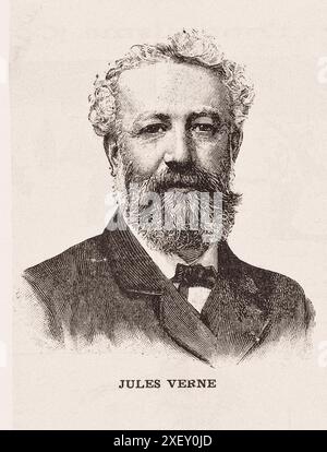 Gravurporträt von Jules Verne. 1905 Jules Gabriel Verne (1828–1905) war ein französischer Schriftsteller, Dichter und Dramatiker. Seine Zusammenarbeit mit dem Verleger Pierre-Jules Hetzel führte zur Entstehung der Voyages Extraordinaires, einer Reihe von meistverkauften Abenteuerromanen wie Journey to the Center of the Earth (1864), Twenty Thousand Leagues Under the Seas (1870) und Around the World in Eighty Days (1872). Stockfoto