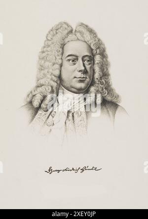 Gravurporträt von Georg Friedrich Händel. Georg Friedrich Händel (1685–1759) war ein deutsch-britischer Barockkomponist, der für seine Opern, Oratorien, Hymnen, Concerti grossi und Orgelkonzerte bekannt war. Stockfoto