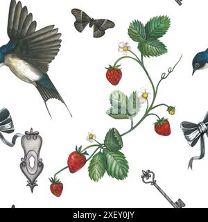 Aquarellmuster aus Illustrationen von Schwalbe, Erdbeere, Motte, Schleife, Schlüssel, Schlüsselloch. Handgezeichnet, isoliert auf weißem Hintergrund. Stockfoto