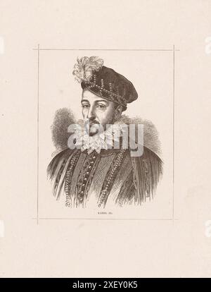 Porträt von Karl IX. Von Frankreich. Karl IX. (Karl Maximilien; 1550–1574) war König von Frankreich von 1560 bis zu seinem Tod 1574 an Tuberkulose. Nach dem Tod seines Bruders Franz II. Im Jahr 1560 bestieg er den französischen Thron. Stockfoto