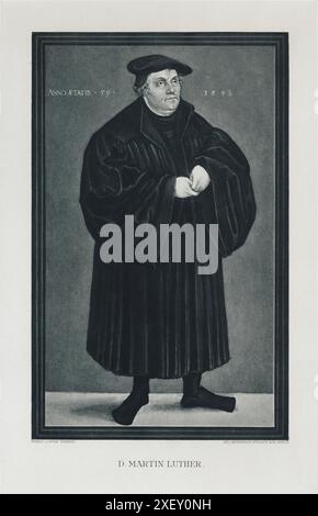 Das gravierende Porträt des Doktors Martin Luther aus dem 19. Jahrhundert. 1899 Martin Luther (1483–1546) war ein deutscher Theologieprofessor, Priester, Autor, Komponist, ehemaliger Augustiner-Mönch und ist vor allem als bahnbrechende Figur der Reformation und Namensgeber des Lutherischen Glaubens bekannt. Stockfoto