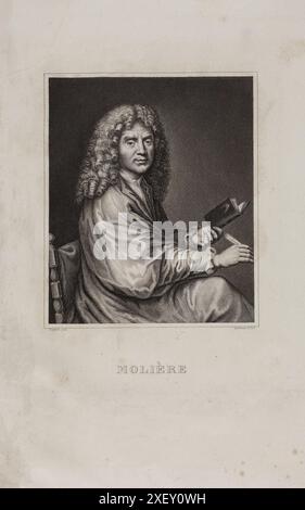 Kupferstich von Iohann Baptista Poquelin von Moliere. 1840 Jean-Baptiste Poquelin (1622–1673), bekannt unter seinem Künstlernamen Molière, war ein französischer Dramatiker, Schauspieler und Dichter, der weithin als einer der größten Schriftsteller der französischen Sprache und Weltliteratur gilt. Zu seinen Werken gehören Komödien, Farzen, Tragikomödien, comédie-Ballette und vieles mehr. Stockfoto