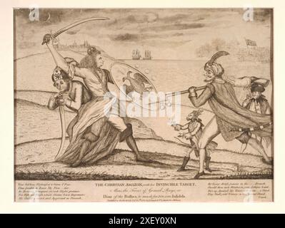 Allegorische Gravur des christlichen amazonas mit ihrem unbesiegbaren Ziel Alias, dem Fokus genialer Strahlen, oder Dian of the Rushes, zu viel für 300.000, Ungläubige. 1787 Cartoon zeigt Katharina II. Die große, als amazonas mit hochgezogenem Schwert und Schild mit einem doppelköpfigen Adler, der gegen den Sultan Selim III. Kämpft und mit einem mit Bajonett fixierten Gewehr angreift; Joseph II., ein Verbündeter, Stockfoto