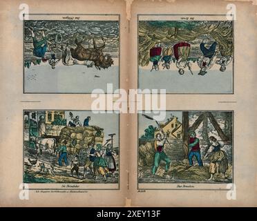 Klassische Schulbucheinbände des 19. Jahrhunderts. 1861 Szenen aus dem ländlichen Leben: Pflügen und Säen, Ernte, Dreschen und Heimkehr auf Heuwagen. Stockfoto