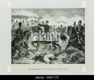 Gravur der Schlacht bei Wörth am 6. August 1870. 1872 die Schlacht bei Wörth, auch als Schlacht bei Reichshoffen oder als Schlacht bei Frœschwiller bekannt, die am 6. August 1870 in der Anfangsphase des Deutsch-Französischen Krieges stattfand (die erste Schlacht bei Wörth fand am 23. Dezember 1793 während der Französischen Unabhängigkeitskriege statt). In der zweiten Schlacht besiegten deutsche Truppen unter dem Kommando von Kronprinz Friedrich und unter der Leitung seines Stabschefs, General Leonhard Graf von Blumenthal, die Franzosen unter Marschall MacMahon nahe dem Dorf Woerth im Elsass, an der sauer, 10 Kilometer Stockfoto