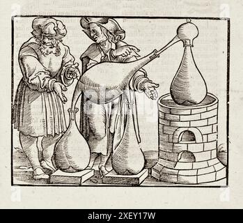 Die Illustrationen aus dem 16th. Jahrhundert aus dem Buch über Alchemy. Von Johann Grüninger, 1531. Stockfoto