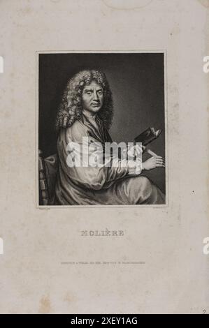 Porträt von Molière. 1840 Jean-Baptiste Poquelin (1622–1673), bekannt unter seinem Künstlernamen Molière, war ein französischer Dramatiker, Schauspieler und Dichter, der weithin als einer der größten Schriftsteller der französischen Sprache und Weltliteratur gilt. Zu seinen Werken gehören Komödien, Farzen, Tragikomödien, comédie-Ballette und vieles mehr. Stockfoto