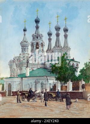 Vintage-Foto der Geburtskirche in Putinki. Moskau, Russisches Reich. B. Avanzo, 1890 - 1900 die Geburtskirche des Theotokos in Putinki ist eine der malerischsten Kirchen in Moskau und die letzte große zeltartige Kirche in der Geschichte der russischen Architektur. Stockfoto