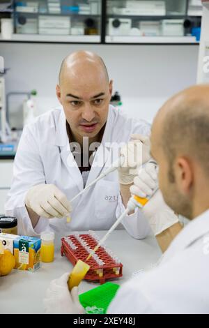 Molekularbiologisches Labor. Probenvorbereitung zum Nachweis der Zugabe von Mandarine zu Orangensaft mittels DNA-Techniken. AZTI-Tecnalia. Technologie Stockfoto