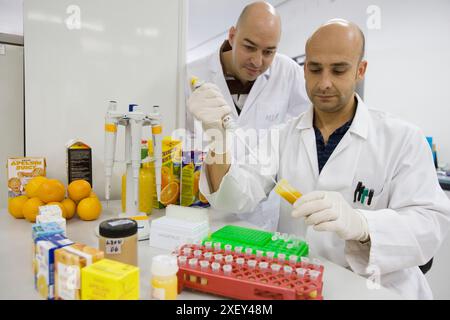 Molekularbiologisches Labor. Probenvorbereitung zum Nachweis der Zugabe von Mandarine zu Orangensaft mittels DNA-Techniken. AZTI-Tecnalia. Technologie Stockfoto