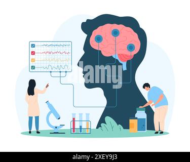 Die ärztliche Untersuchung des Nervensystems in Klinik, Neurowissenschaft und neurologischer Diagnostik und Behandlung. Winzige Menschen erforschen das Gehirn im menschlichen Kopf mit elektroenzephalographischer Karikaturvektorillustration Stock Vektor