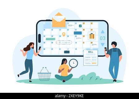 Verwaltung von Geschäftsaufgaben in der mobilen Kalenderanwendung. Winzige Leute arbeiten mit Online-Planer auf dem Telefon-Bildschirm, Büromitarbeiter planen Zeitplan der Deadline, Veranstaltung und Meeting Cartoon Vektor Illustration Stock Vektor