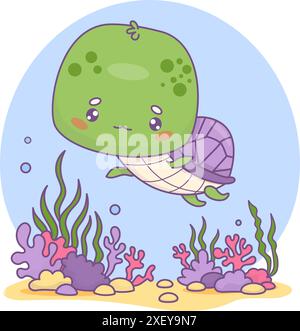 Niedliche Schildkröte. Unterwasserwelt mit Cartoon-Kawaii-Charaktertier. Vektorabbildung. Kinderkollektion. Stock Vektor