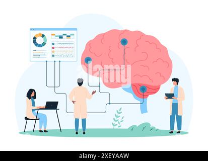 Menschliches Gehirn und Nervensystem, neurowissenschaftliche Krankheitsforschung und Diagnostik durch Neurologen. Winzige Leute testen das Gehirn mit verbundenen Drähten der Elektroenzephalographie-Karikaturvektorillustration Stock Vektor