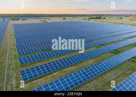 Sonnenkollektoren in einem Feld am Sommertag in Estland, Drohnenansicht Luftbild. Stockfoto