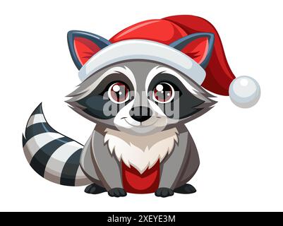 Entzückender Waschbär im Weihnachtsmann Hut isoliert auf weißem Hintergrund. Kleiner Waschbär in festlicher Kleidung. Das Konzept des Ferienhaustiers, des Weihnachtstiers, des Festes Stock Vektor