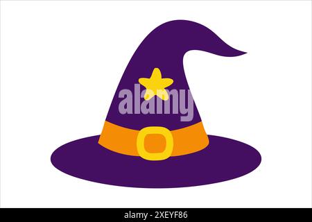 Lila Hexenhut isoliert auf weißem Hintergrund. Spitzer Hut des Zauberers. Halloween-Konzept, festliche Ikone, minimalistischer Stil, magisches Accessoire. Drucken, Symbol, Designelement. Stock Vektor