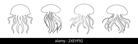 Set aus schwarzen Umrissen von Quallen mit fließenden Tentakeln. Ozeanische Medusen. Das Konzept des Meerestiers, der Meeresbewohner. Grafische Abbildung. Druck, Symbol, Logo, Element für Design. Isoliert auf weißem Hintergrund Stock Vektor