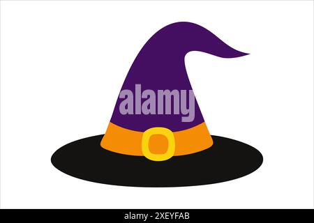 Lila Hexenhut isoliert auf weißem Hintergrund. Spitzer Hut des Zauberers. Halloween-Konzept, festliche Ikone, minimalistischer Stil, magisches Accessoire. Drucken, Symbol, Designelement. Stock Vektor