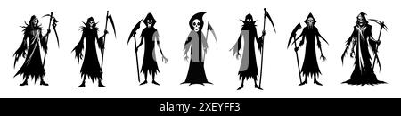 Set von schwarzen Silhouetten der Grim Reaper isoliert auf weißem Hintergrund. Konzept des Todes, gruselige Figur, minimalistischer Stil, Halloween. Druck, digitale Kunst, Illustration, Designelement Stock Vektor