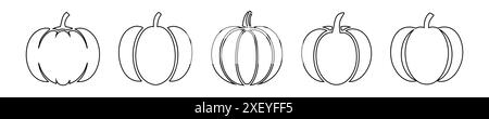 Satz schwarzer Kürbiskonturen isoliert auf weißem Hintergrund. Symbol, Logo, Schild, Piktogramm. Minimalistisches Halloween-Dekor, saisonales grafisches Design, Landwirtschaft, Ernte. Designelemente Stock Vektor