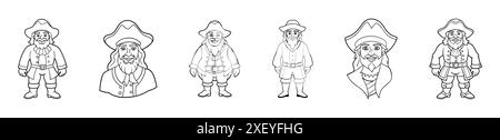 Schwarze Umrisse von Karikaturpiraten, die isoliert auf weißem Hintergrund stehen. Piratenkonzept, Halloween, Seefahrer-Charakter, abenteuerliche Figur, Kinderillustration. Druck, Designelement, Grafik Stock Vektor