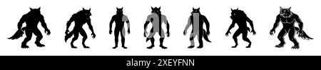 Set aus schwarzen Silhouetten von Werwölfen auf weißem Hintergrund. Konzept von Halloween Charakter, mythische Kreatur, Monster, Horror, Fantasy, Alptraum. Drucken, Designelement, Illustration Stock Vektor