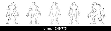 Set aus schwarzen Umrissen von gruseligen Comic-Zombies isoliert auf weißem Hintergrund. Konzept von untoten Monstern, Horror Illustration, Halloween Charakter, gruselige Designelemente. Drucken, Kunst Stock Vektor