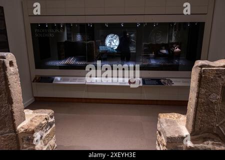 Römische Münzen in einem Vitrinenschrank, Vindolanda Museum, Northumberland, England. Stockfoto