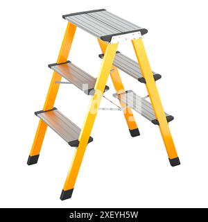 Gelbe Trittleiter aus Aluminium, leichte Klappleiter, tragbarer schmaler Tritthocker. 3D-Rendering isoliert auf weißem Hintergrund Stockfoto