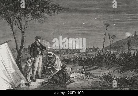 Geschichte Spaniens. Revolution in Barcelona. Aufstand gegen Esparteros Politik. Die Bombardierung von Barcelona am 3. Dezember 1842 wurde von Espartero angeordnet, um die Rebellion zu unterdrücken, die am 13. November desselben Jahres begann und die Armee gezwungen hatte, sich in der Burg von Montjuic zu flüchten. Stich von 1869 von Gómez. "Espartero: su vida militar, política, descriptiva y anecdótica" (Espartero: Sein militärisches, politisches, deskriptives und anekdotisches Leben). Band II, 1879. Stockfoto