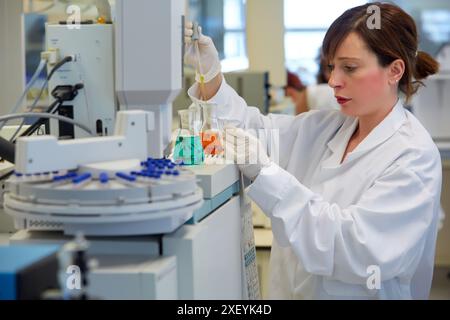 GC/MS. Gaschromatograph mit Massendetektor. Analyse organischer Verbindungen in Extrakten, die zur Probenvorbehandlung gewonnen wurden. Organisches Labor. Energie und Stockfoto