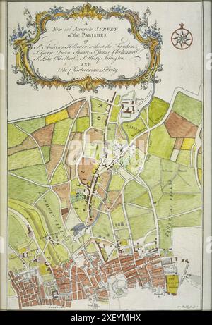 Vintage Map, Eine neue und genaue Übersicht der Gemeinden St. Andrew's Holbourn, ohne den Freedom St. George Queen Square, St. James Clerkenwell, St. Luke Old Street, St. Mary Islington und das Charterhouse Liberty. Cole, Benjamin, 1756 Stockfoto