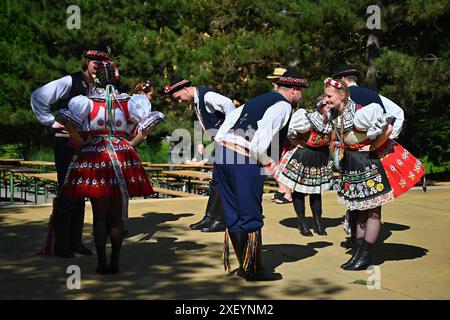 Brünn - Bystrc, Tschechische Republik, 22. Juni 2024. Traditionelle Festlichkeiten des Festes in der Tschechischen Republik. Essen und Trinken Festival. Mädchen Stockfoto