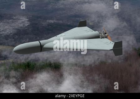 Die russische Kampfdrohne Shaheed fliegt über einem Wald, Rauch von Militäraktionen in der Ukraine. Stockfoto