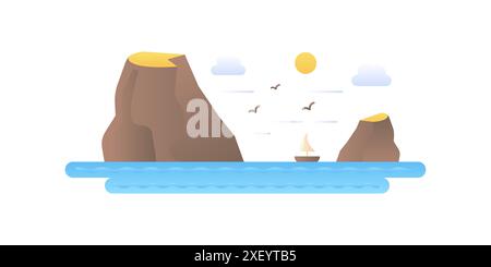 Segelboot schwimmend auf Wellen des Meeres zwischen Felsen, einfache Meereslandschaft Vektor Illustration Stock Vektor