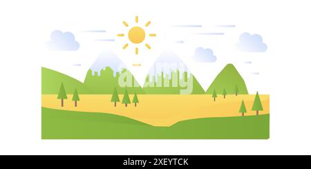 Einfache Berglandschaft, Ebene und Feld mit Bäumen, Felsen am Horizont Vektor Illustration Stock Vektor