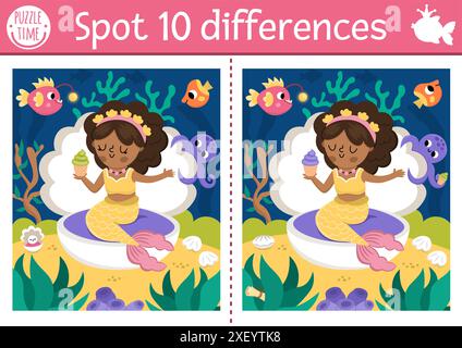 Finde Unterschiede Spiel für Kinder. Meerjungfrauen-Lehrtätigkeit mit Meerprinzessin mit Cupcake in Muschel. Niedliches Puzzle für Kinder. Druckbares Arbeitsblatt Stock Vektor