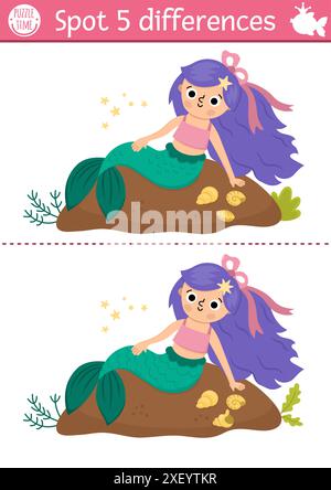 Finde Unterschiede Spiel für Kinder. Meerjungfrauen-Unterrichtsaktivität mit Meerprinzessin am Ufer mit Muscheln. Niedliches Puzzle für Kinder mit Mädchenschwanz. P Stock Vektor