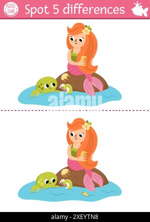 Finde Unterschiede Spiel für Kinder. Meerjungfrauen-Lehrtätigkeit mit Meerprinzessin, die ihre Haare kämmt. Niedliches Puzzle für Kinder mit Mädchen, Schwanz. Druckbar mit Stock Vektor