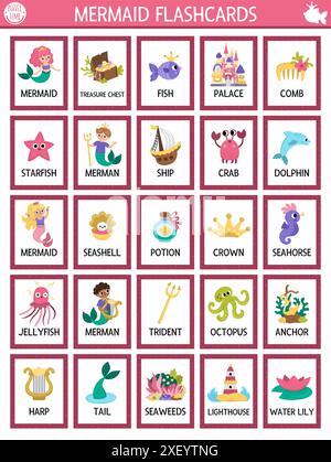 Vektor-Meerjungfrau große Flash-Karten Set mit Meerprinzessin, Palast, Schiff, Meermann, Fisch. Ocean Kingdom Englisch Sprachspiel für Kinder. Marineblauer Märchenblitz Stock Vektor