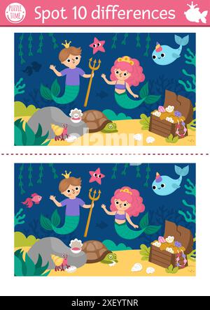 Finde Unterschiede Spiel für Kinder. Meerjungfrauen-Bildungsaktivität mit Meerprinzessin, Meermann, Schatzkiste. Niedliches Puzzle für Kinder. Druckbares Arbeitsblatt Stock Vektor